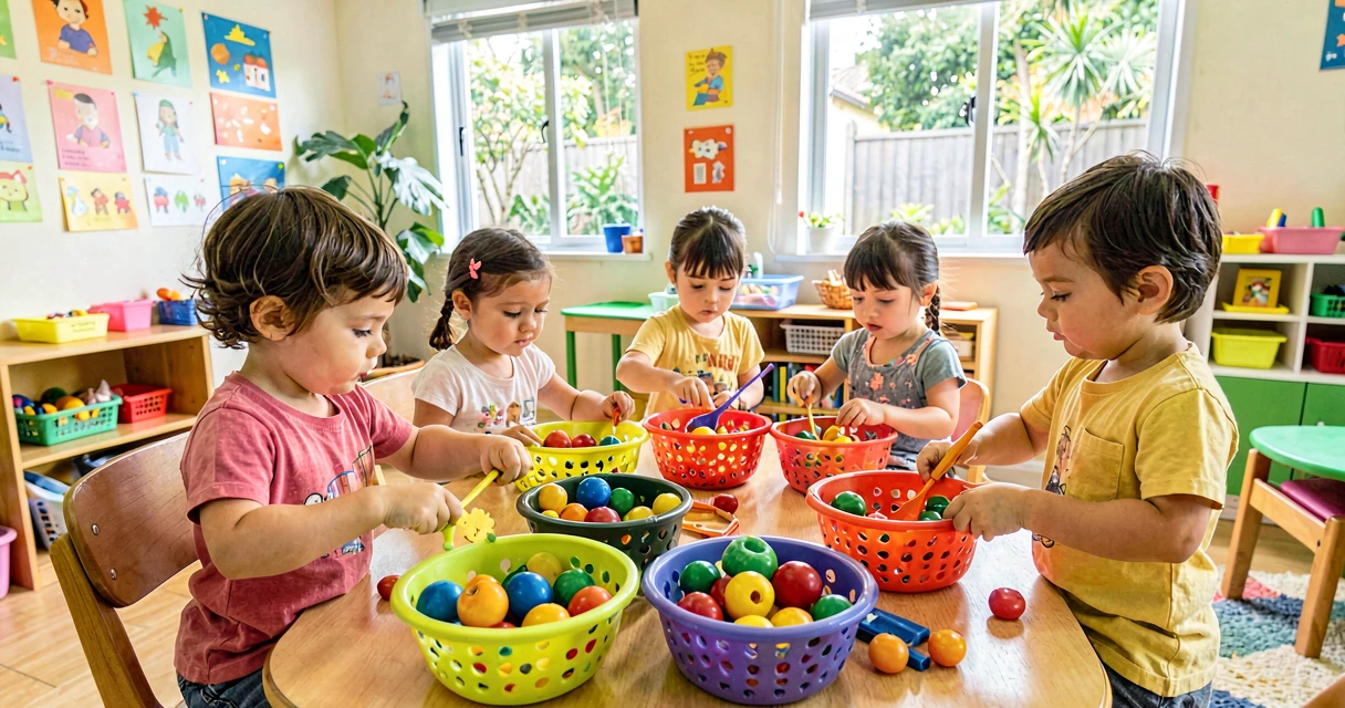 plano de aula separando pela cor: crianças da creche classificando objetos por cor em cestas