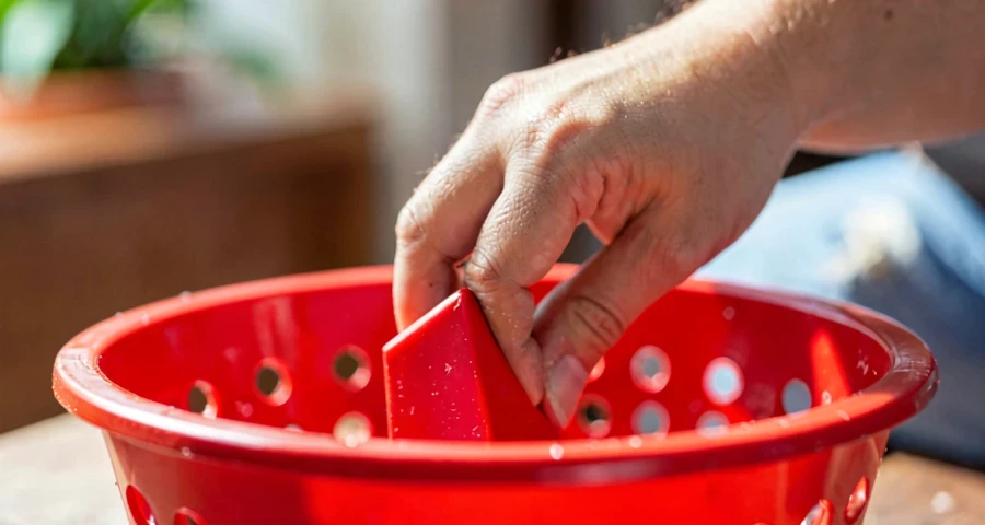 criança da creche classificando objeto vermelho em cesta durante atividade
