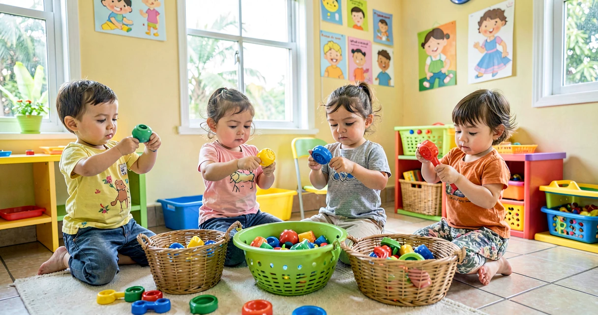plano de aula barulhento ou silencioso: crianças da creche testando som de objetos para classificar