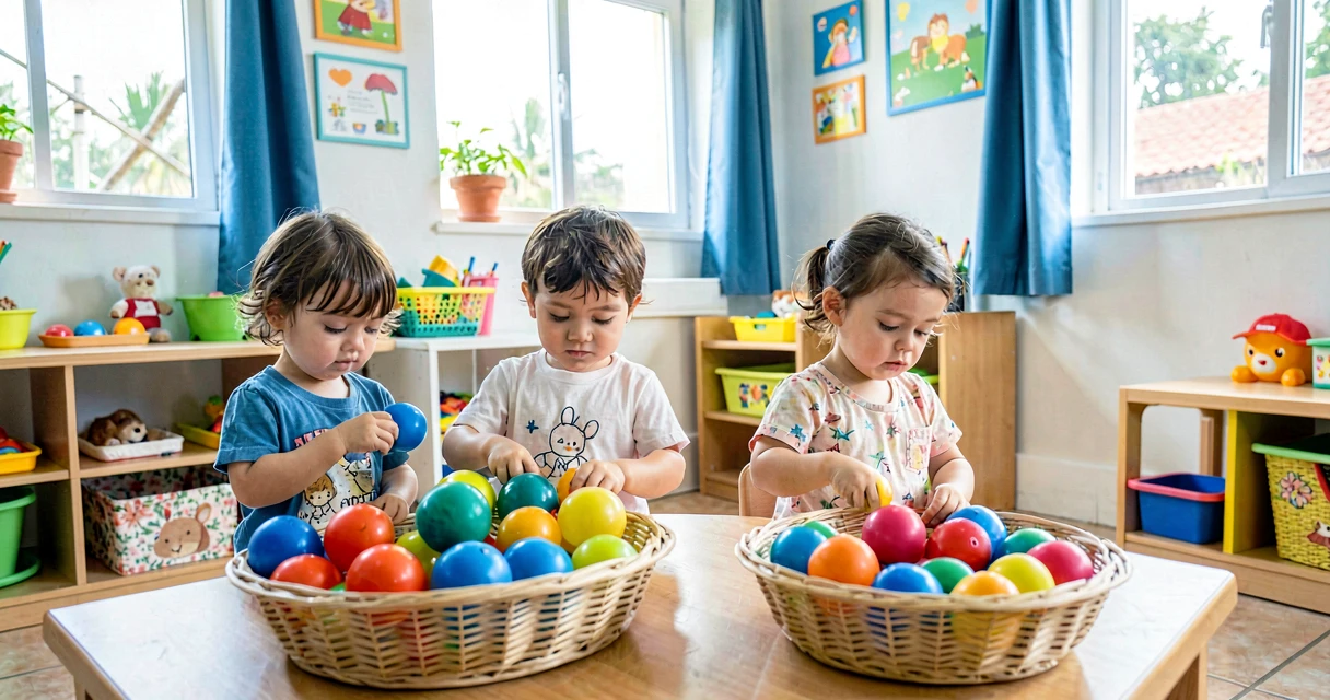 plano de aula separando grande e pequeno: crianças da creche classificando objetos por tamanho