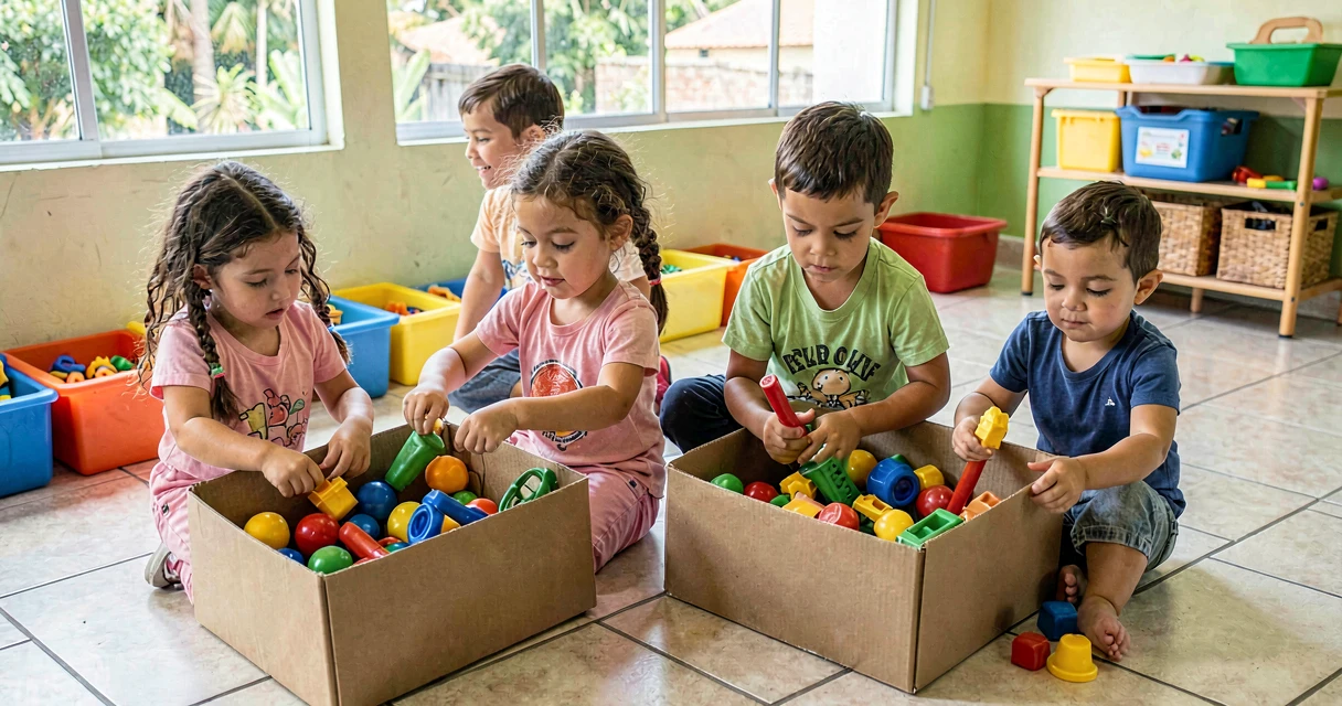plano de aula classificando brinquedos: crianças da pré-escola separando brinquedos por tamanho
