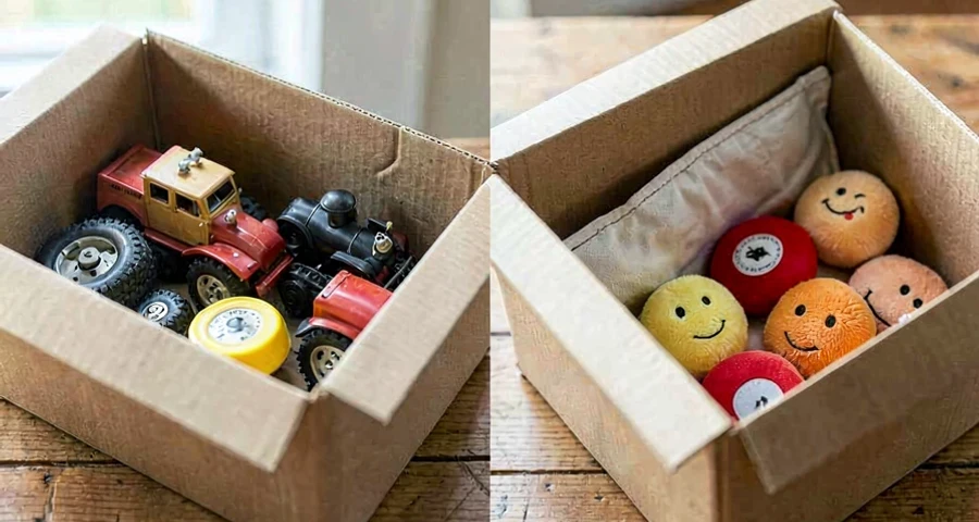 brinquedos grandes e pequenos sendo separados em caixas na atividade matemática
