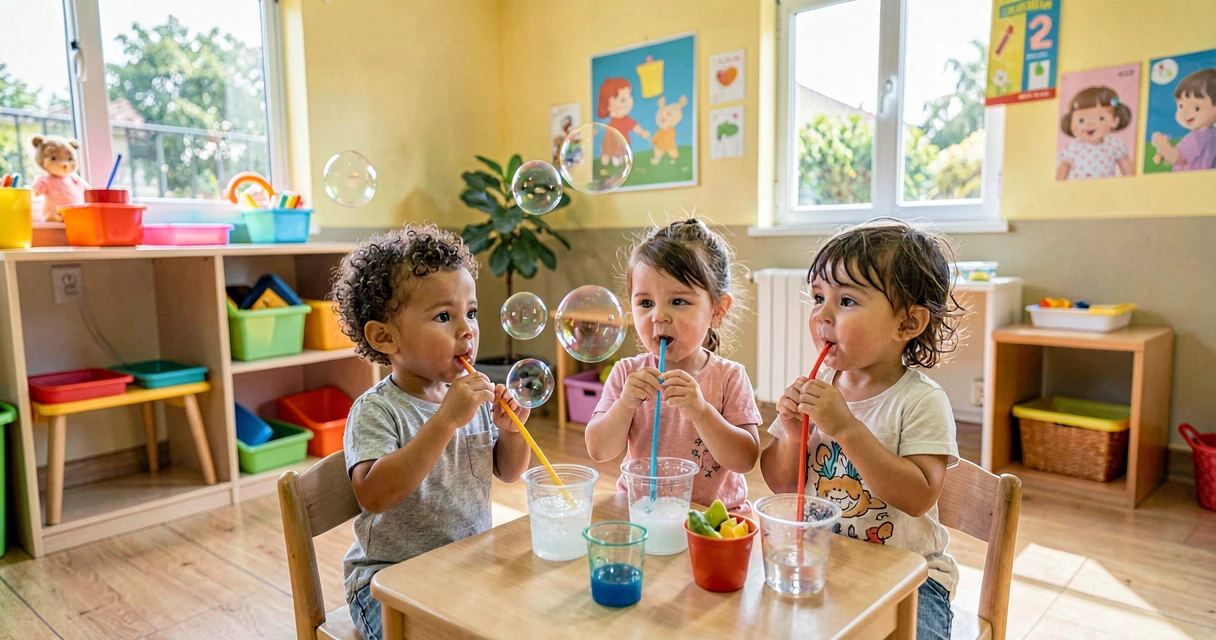 plano de aula soprando bolhinhas: crianças da creche soprando canudo em copo com água e sabão