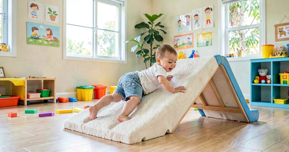 plano de aula rampa inclinada: bebê da creche engatinhando em rampa de espuma macia