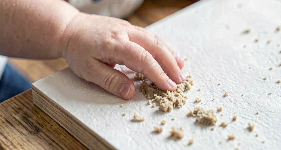 bebê tocando textura de lixa em prancha sensorial durante atividade na creche