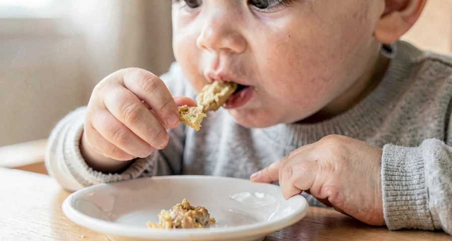 bebê experimentando alimento durante atividade de exploração do paladar na creche