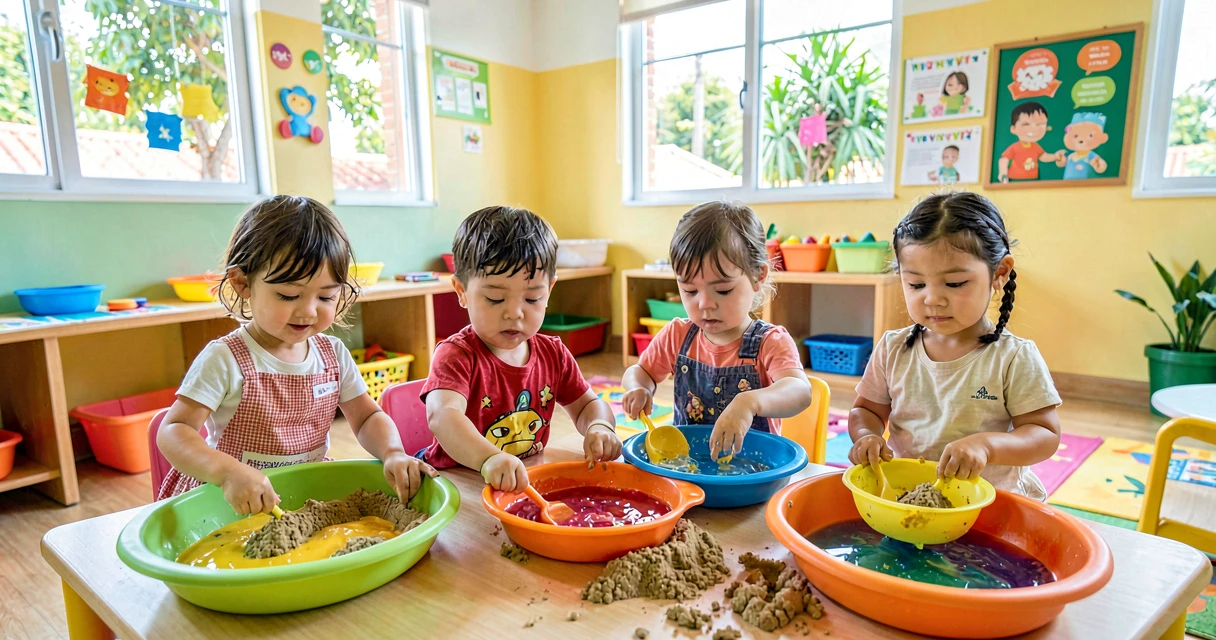 plano de aula laboratório de texturas: crianças da creche misturando materiais com água em bacias