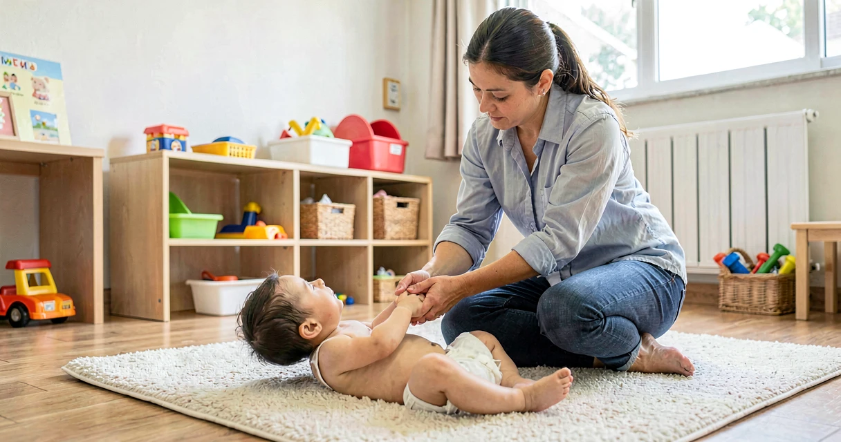 plano de aula massagem relaxante: educadora massageando as mãos de bebê na creche