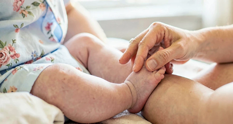 educadora massageando o pé de bebê durante atividade de relaxamento na creche