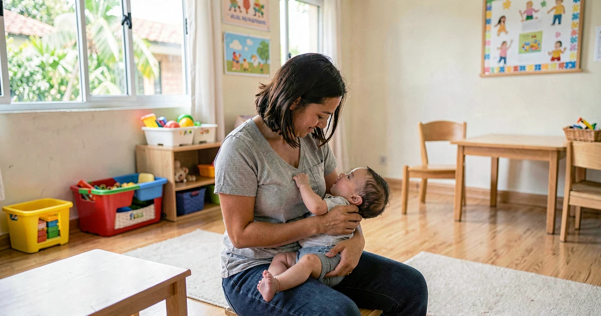plano de aula canção de ninar: educadora embalando bebê ao som de música suave
