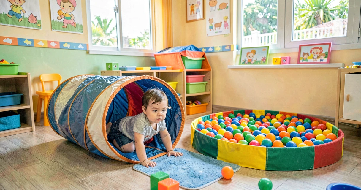 plano de aula túnel e bolinhas: bebê da creche engatinhando até piscina de bolinhas coloridas
