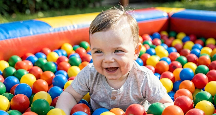 bebê explorando piscina de bolinhas coloridas ao final de atividade motora