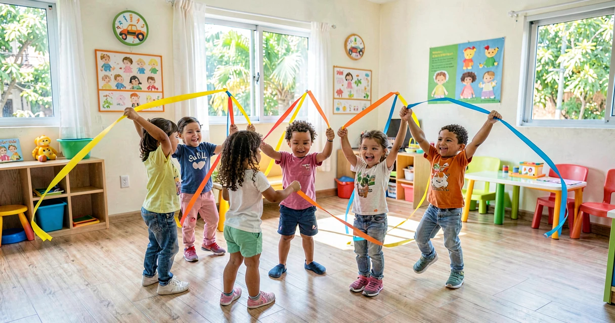 plano de aula dança maranhense: crianças da creche dançando em roda com fitas coloridas