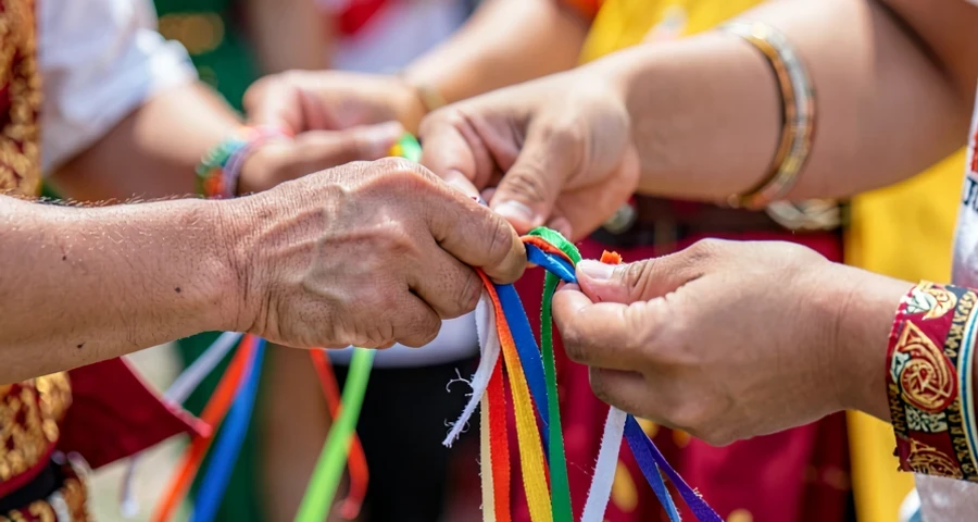mãos de criança segurando fitas coloridas durante dança tradicional na creche