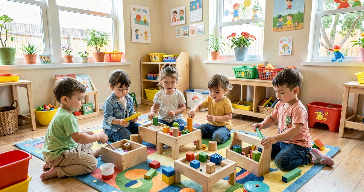 plano de aula construção livre: crianças da creche escolhendo materiais de construção