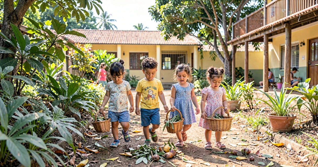 plano de aula explorando ao ar livre: crianças da creche coletando elementos naturais em passeio
