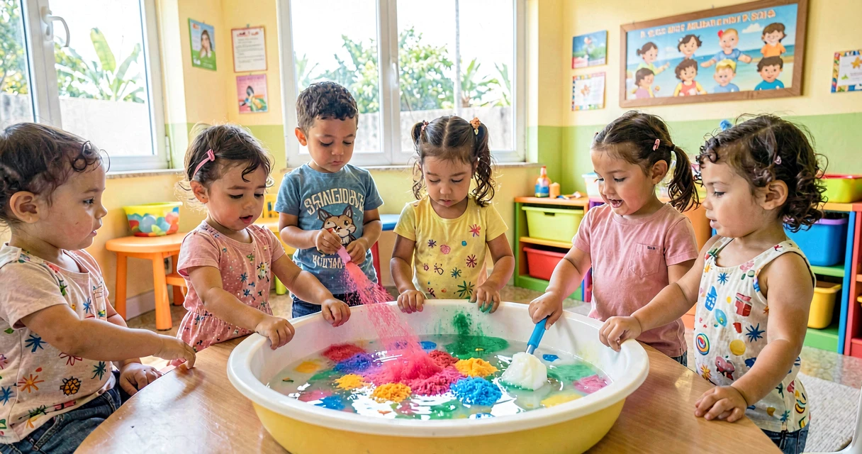 plano de aula a cor some com sabão: crianças da creche observando pó colorido se espalhar na água