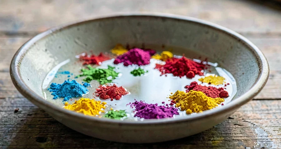 bacia com pó colorido usada em atividade científica na creche