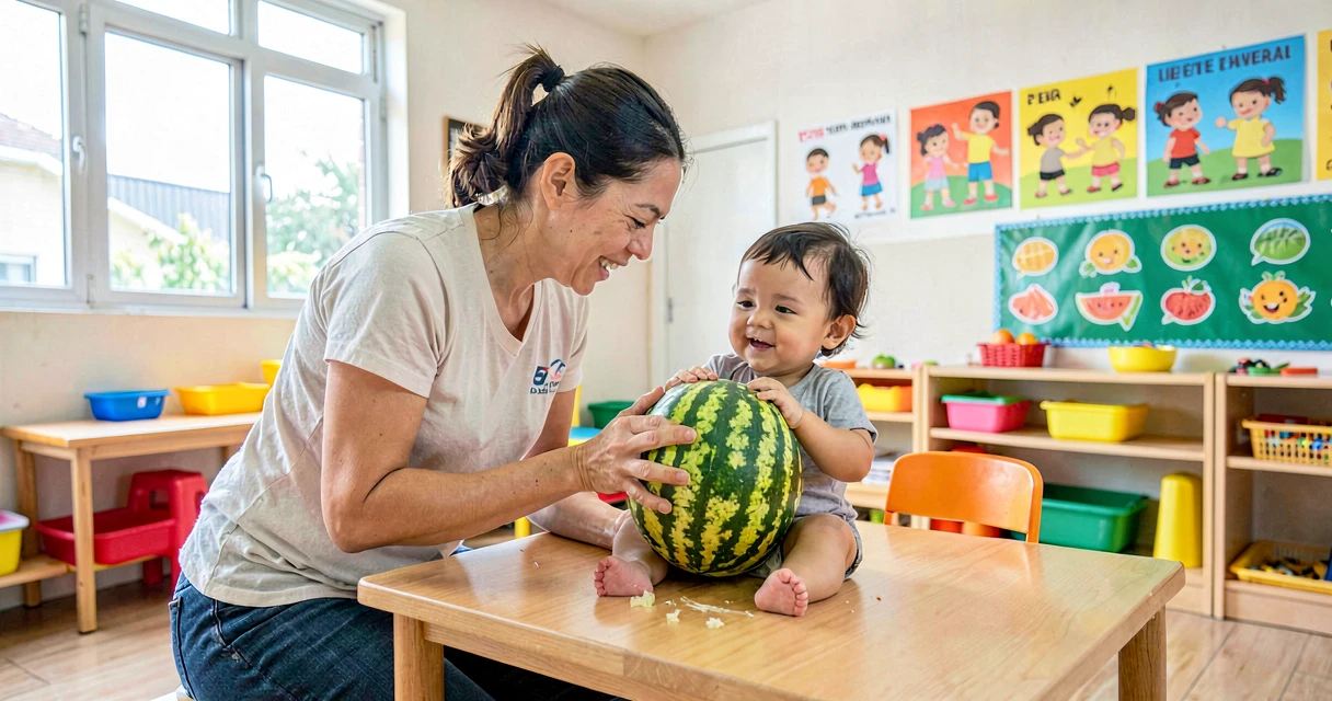 plano de aula fruta vira pedacinhos: bebê da creche observando fruta inteira antes do corte