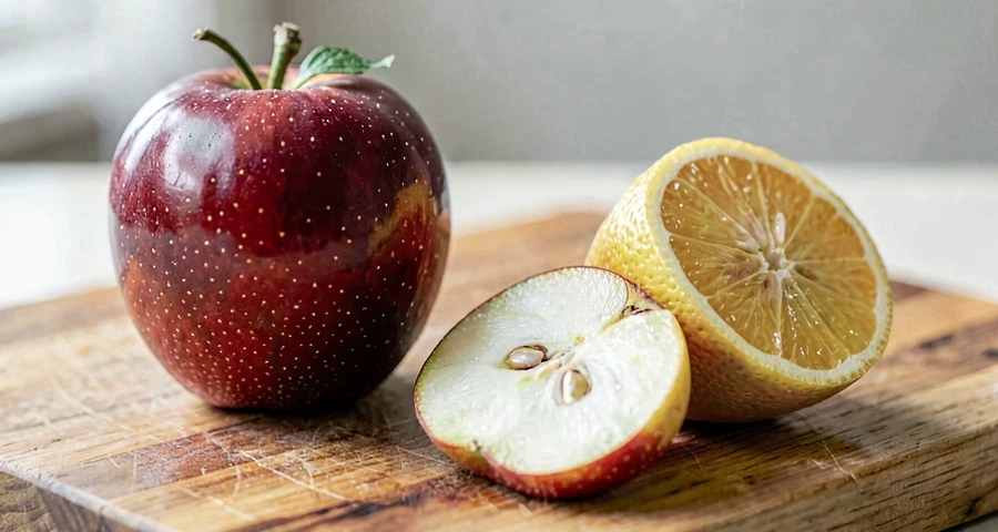 fruta inteira e cortada usada em atividade de transformação na creche