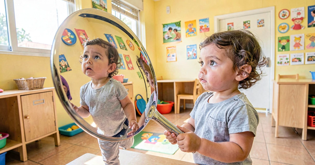 plano de aula reflexo na colher: criança da creche observando reflexo em colher metálica