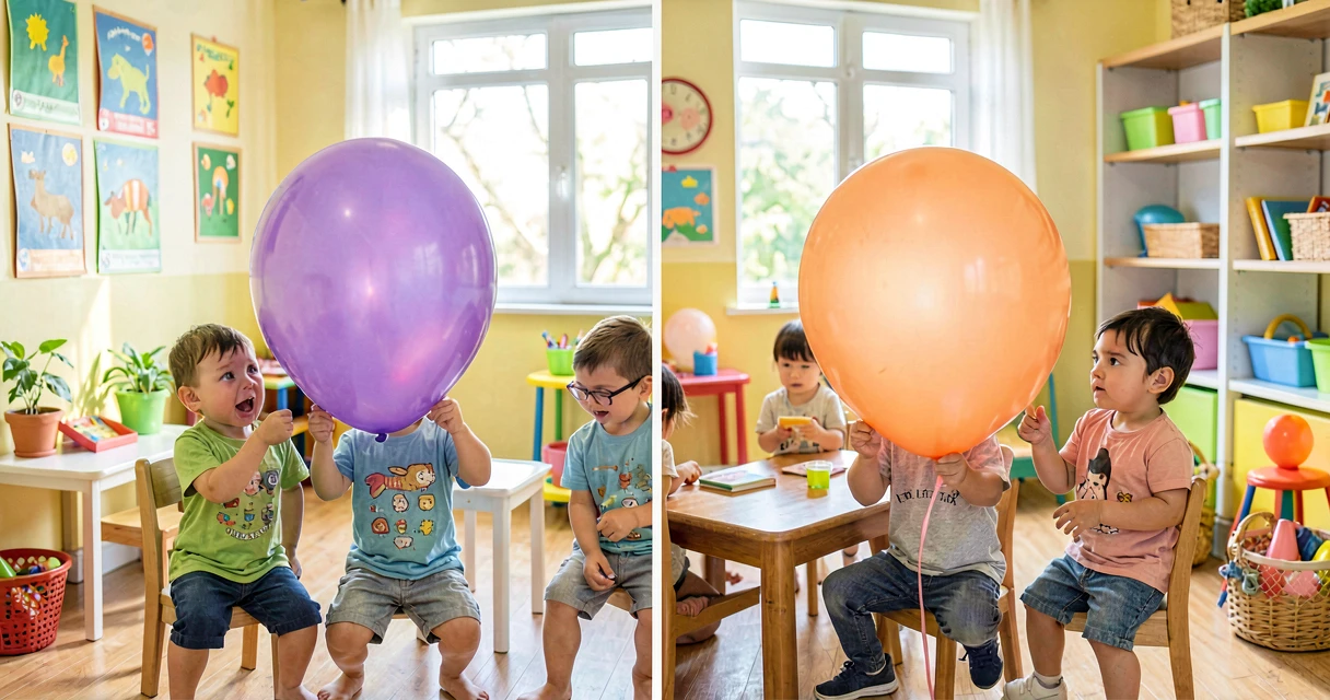 plano de aula o balão que murcha sozinho: crianças da creche observando balão murchando