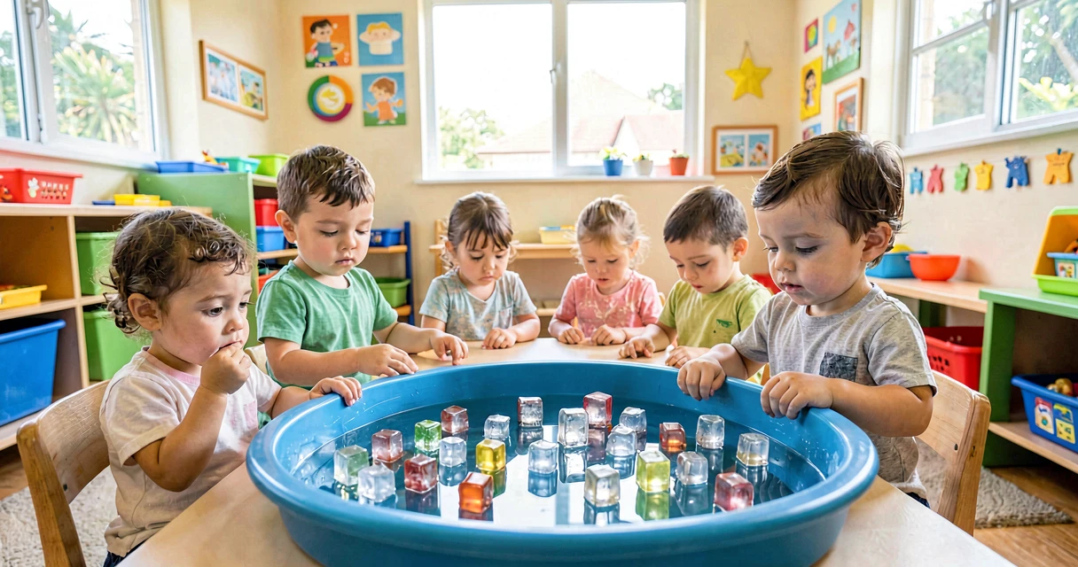 plano de aula gelo sempre bóia: crianças da creche observando cubos de gelo flutuando na água