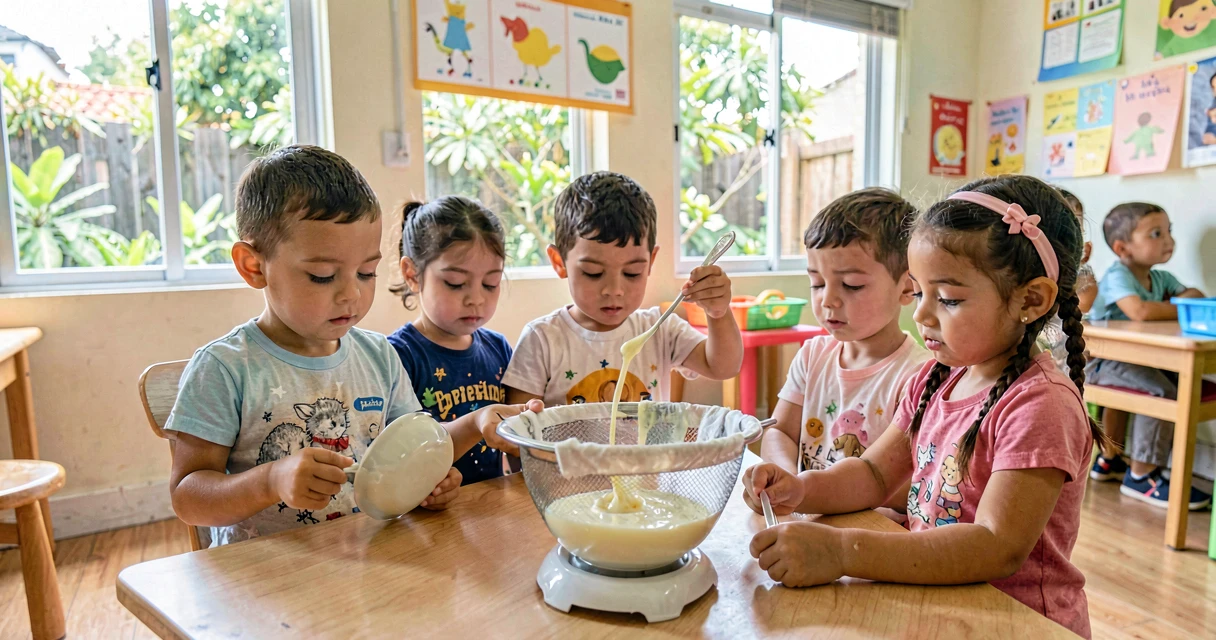 plano de aula iogurte virando requeijão: crianças da creche observando iogurte coado em peneira