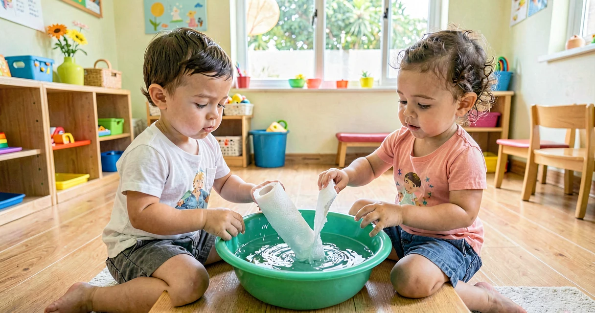 plano de aula papel higiênico na água: crianças da creche observando papel se desmanchar na água