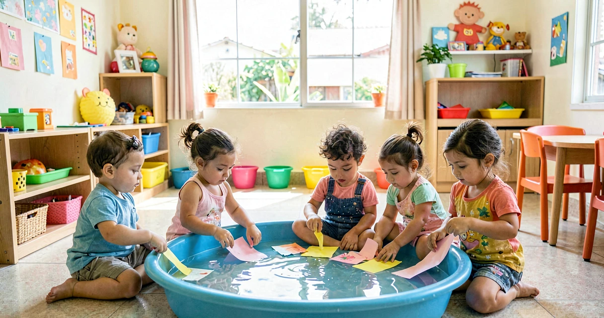 plano de aula papel na água: crianças da creche testando diferentes papéis em bacia de água