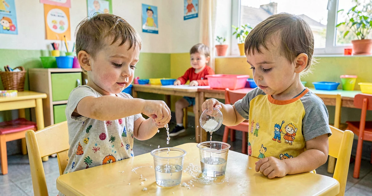 plano de aula o sal some na água: crianças da creche mexendo sal na água em atividade investigativa