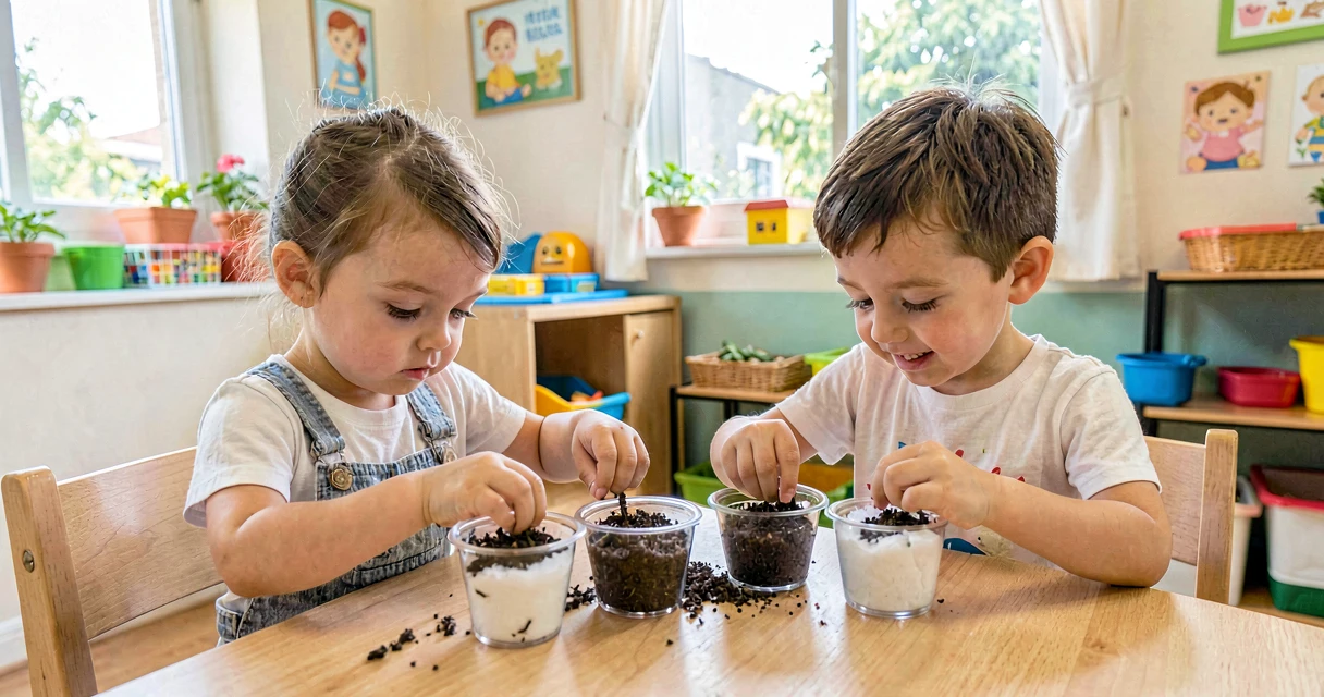 plano de aula semente virando broto: crianças da creche plantando semente em potinho transparente