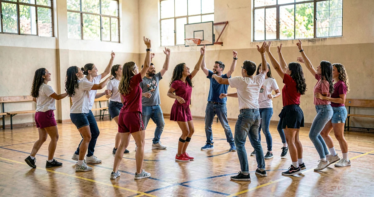 plano de aula danças afro-brasileiras e indígenas: alunos do 9º ano dançando em roda