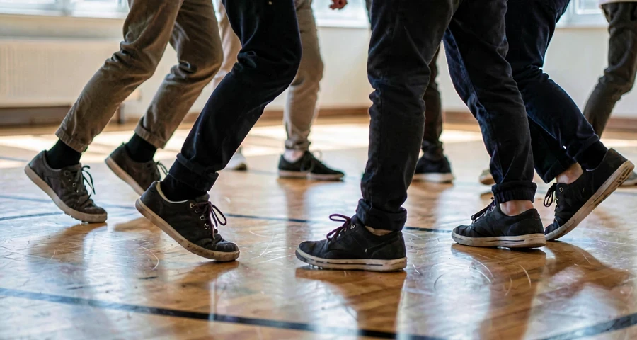 movimento de pés em formação circular durante atividade de dança de matriz brasileira